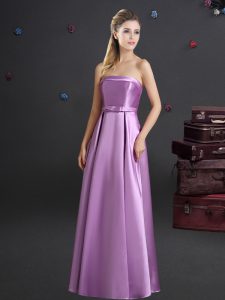 Fashion Lilac Elastic Woven Satin Zipper Vestidos de Damas Sleeveless Floor Length Bowknot