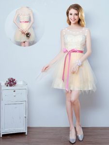 Colorful Scoop Sleeveless Dama Dress for Quinceanera Mini Length Lace and Appliques and Ruffles and Bowknot Champagne Tulle
