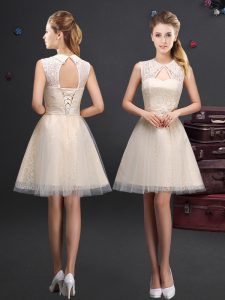 Fashion High-neck Sleeveless Tulle Quinceanera Court of Honor Dress Lace and Appliques and Belt Lace Up