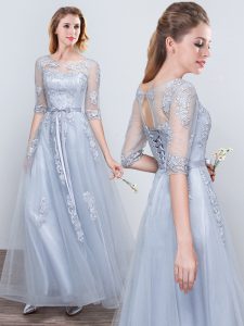 Dynamic Scoop Short Sleeves Grey Half Sleeves Floor Length Appliques and Belt Lace Up Quinceanera Court Dresses