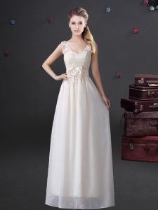 Nice Chiffon Sleeveless Floor Length Quinceanera Court of Honor Dress and Lace and Appliques and Bowknot