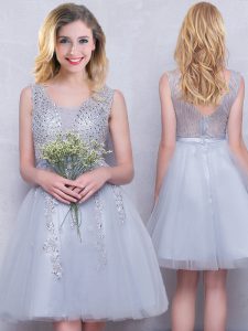 Shining Scoop Tulle Sleeveless Mini Length Quinceanera Dama Dress and Beading and Appliques