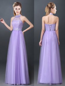 Halter Top Sleeveless Tulle Floor Length Lace Up Quinceanera Court Dresses in Lavender with Lace and Appliques