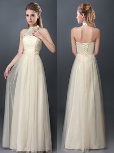 Glittering Halter Top Floor Length Champagne Dama Dress Tulle Sleeveless Lace and Appliques