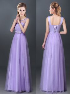 Admirable Scoop Floor Length Empire Sleeveless Lavender Quinceanera Court Dresses Lace Up