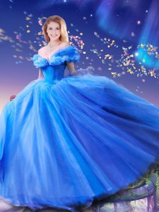 Cinderella Royal Blue Lace Up Off The Shoulder Beading and Bowknot Quince Ball Gowns Tulle Sleeveless