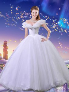Unique Cinderella Off The Shoulder Sleeveless Lace Up Quinceanera Dresses White Tulle