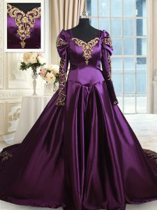 Eye-catching Off the Shoulder Dark Purple Zipper Quince Ball Gowns Beading and Embroidery Long Sleeves With Train Chapel Train