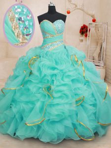 Spectacular Sequins Ball Gowns 15 Quinceanera Dress Apple Green Sweetheart Organza Sleeveless Floor Length Lace Up