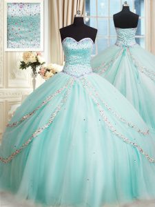 High Class Sleeveless With Train Beading Lace Up Vestidos de Quinceanera with Apple Green Brush Train