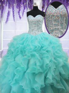 On Sale Floor Length Aqua Blue Quince Ball Gowns Sweetheart Sleeveless Lace Up