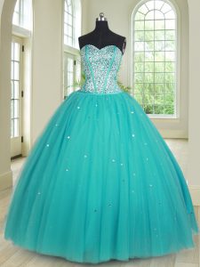 Latest Aqua Blue Ball Gowns Sweetheart Sleeveless Tulle Floor Length Lace Up Beading Quinceanera Dress