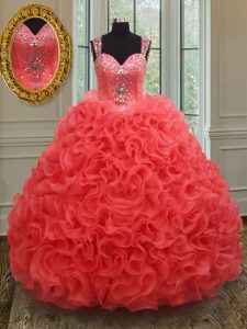 Fabulous Straps Coral Red Organza Zipper 15th Birthday Dress Sleeveless Floor Length Beading