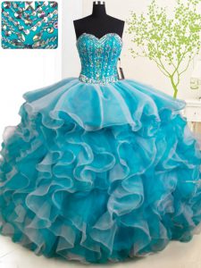 Luxury Teal Sweet 16 Dresses Military Ball and Sweet 16 and Quinceanera and For with Beading and Ruffles Sweetheart Sleeveless Brush Train Lace Up