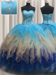 Multi-color Ball Gowns Tulle Sweetheart Sleeveless Beading and Ruffles Floor Length Lace Up Ball Gown Prom Dress
