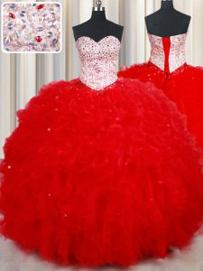 Ideal Red Tulle Lace Up Sweetheart Sleeveless Floor Length Vestidos de Quinceanera Beading and Ruffles