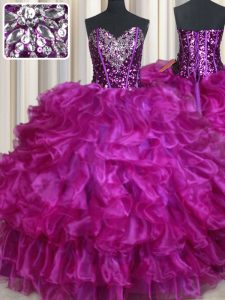 Simple Beading and Ruffles and Sequins Quinceanera Dress Purple Lace Up Sleeveless Floor Length