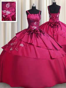 Stylish Straps Embroidery and Hand Made Flower 15 Quinceanera Dress Burgundy Lace Up Sleeveless Floor Length