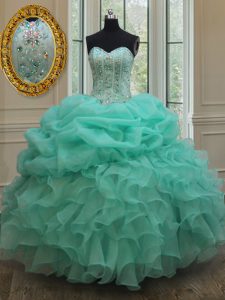 Perfect Sweetheart Sleeveless Quinceanera Gown Floor Length Beading and Ruffles Apple Green Organza