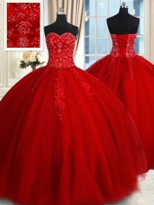 Red Tulle Lace Up Ball Gown Prom Dress Sleeveless Floor Length Beading and Appliques
