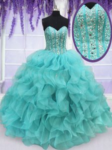 Affordable Aqua Blue Organza Lace Up 15 Quinceanera Dress Sleeveless Floor Length Beading and Ruffles