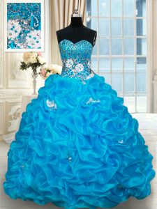 Best Selling Baby Blue Sleeveless With Train Beading and Pick Ups Lace Up Sweet 16 Quinceanera Dress
