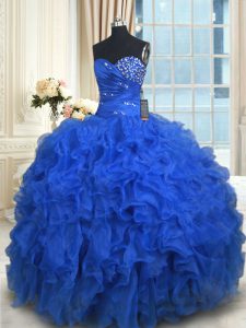 Royal Blue Lace Up Sweetheart Beading and Ruffles Quince Ball Gowns Organza Sleeveless