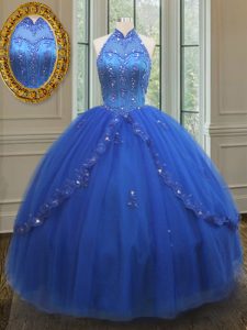 Adorable See Through Floor Length Royal Blue Quinceanera Gown High-neck Sleeveless Lace Up