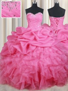 Sleeveless Floor Length Beading and Ruffles and Pick Ups Lace Up Vestidos de Quinceanera with Rose Pink