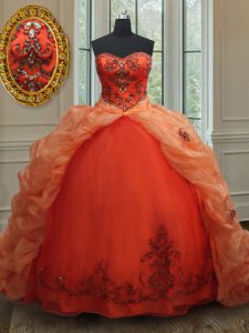 Sweetheart Sleeveless Sweet 16 Quinceanera Dress With Brush Train Beading and Embroidery and Pick Ups Orange Red Organza