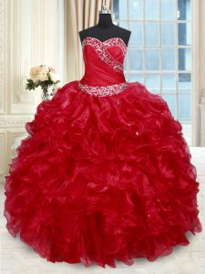 On Sale Sweetheart Sleeveless Organza Sweet 16 Quinceanera Dress Beading and Ruffles Lace Up