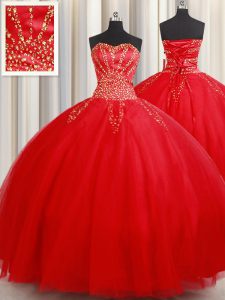 Glittering Red Ball Gowns Tulle Sweetheart Sleeveless Beading Floor Length Lace Up Quinceanera Gowns