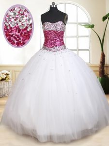 Best Selling Tulle Sweetheart Sleeveless Lace Up Beading Quinceanera Gown in White