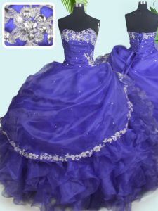 Purple Lace Up Sweetheart Beading and Appliques Sweet 16 Dresses Organza Sleeveless