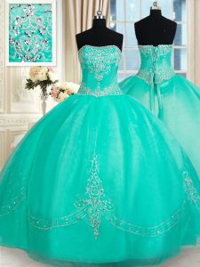 Dramatic Turquoise Strapless Lace Up Beading and Appliques Quinceanera Dresses Sleeveless