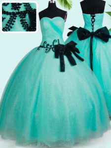 Edgy Turquoise Ball Gowns Tulle Sweetheart Sleeveless Beading and Bowknot Floor Length Lace Up Party Dress Wholesale