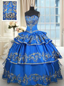 New Arrival Floor Length Lace Up Quince Ball Gowns Blue for Military Ball and Sweet 16 and Quinceanera with Beading and Embroidery and Ruffled Layers