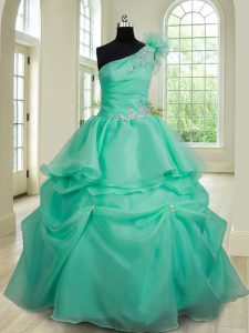 One Shoulder Sleeveless Lace Up Ball Gown Prom Dress Turquoise Organza