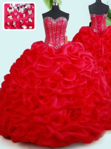 High Class Red Lace Up Sweetheart Beading and Pick Ups Sweet 16 Dress Organza Sleeveless Court Train