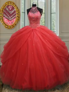 Red Ball Gowns Halter Top Sleeveless Tulle Floor Length Lace Up Beading and Pick Ups Ball Gown Prom Dress