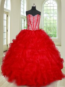 Ideal Red Organza Lace Up Sweet 16 Dresses Sleeveless Floor Length Beading and Ruffles