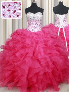 Dramatic Sleeveless Floor Length Beading and Ruffles Lace Up Sweet 16 Quinceanera Dress with Hot Pink