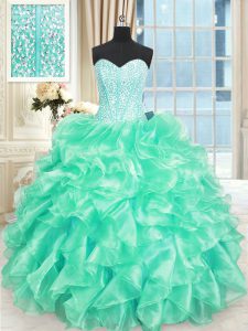 Beauteous Turquoise Sleeveless Beading and Ruffles Floor Length Quinceanera Gown