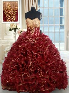Brush Train Ball Gowns 15th Birthday Dress Burgundy Sweetheart Organza Sleeveless Lace Up