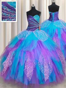Popular Sweetheart Sleeveless Tulle Quinceanera Gowns Beading and Ruffles Lace Up