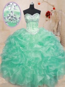 Exquisite Sleeveless Floor Length Beading and Ruffles Lace Up Casual Dresses with Apple Green
