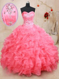 Glittering Sweetheart Sleeveless Quinceanera Gowns Floor Length Beading and Ruffles Pink Organza