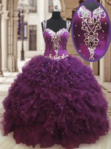 Straps Sleeveless Zipper 15 Quinceanera Dress Dark Purple Organza