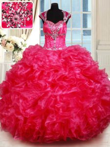 Floor Length Ball Gowns Cap Sleeves Hot Pink Quince Ball Gowns Backless