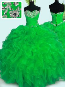 Smart Green Organza Lace Up Quinceanera Dress Sleeveless Floor Length Beading and Ruffles